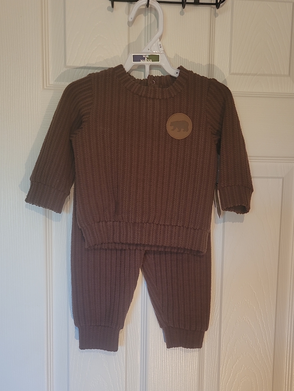 Max & Marcus Brown Knit Two-Piece Set - Cozy Bear Patch